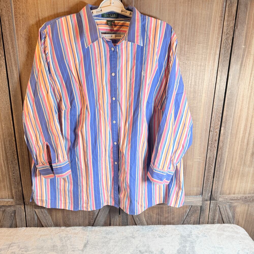 Lauren Ralph Lauren 3X Plus Striped Button Shirt Cotton Coastal Preppy Classic